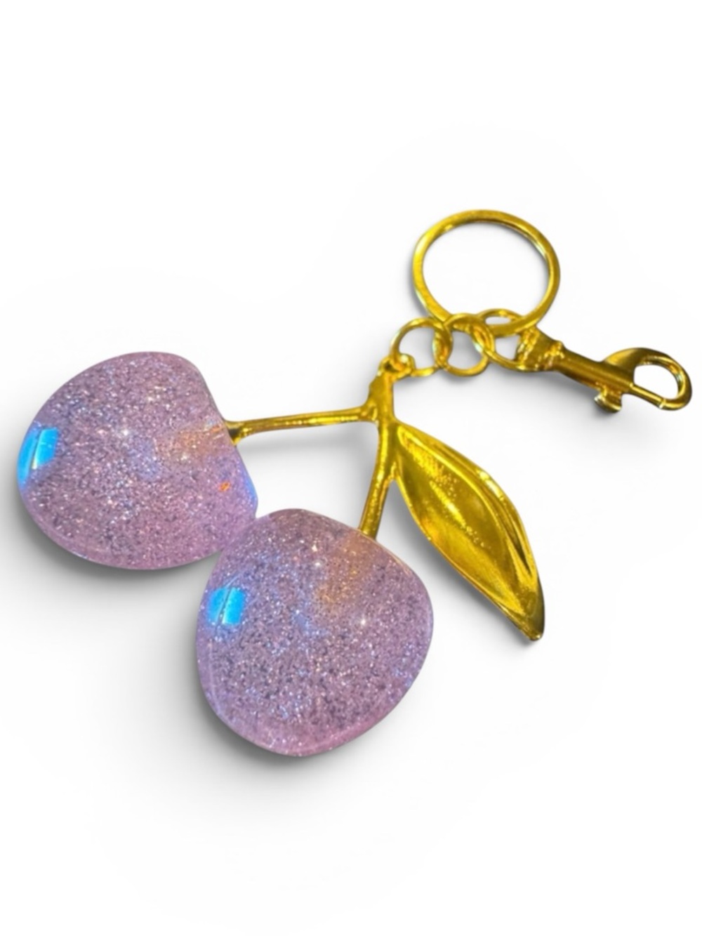 Cherry Bag Charm Keychain Gold-Tone Pink Glitter